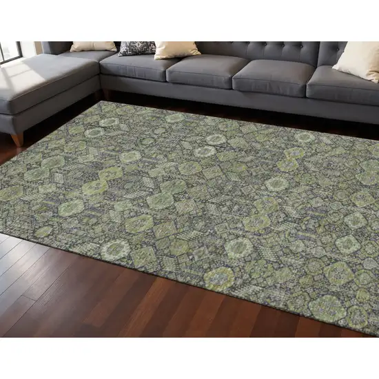Green Gray And Ivory Tribal Washable Area Rug With UV Protection Photo 2