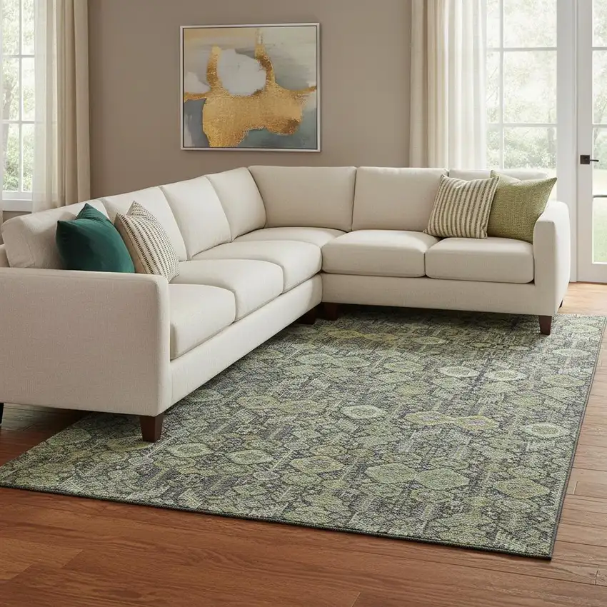 Green Gray And Ivory Tribal Washable Area Rug With UV Protection Photo 1