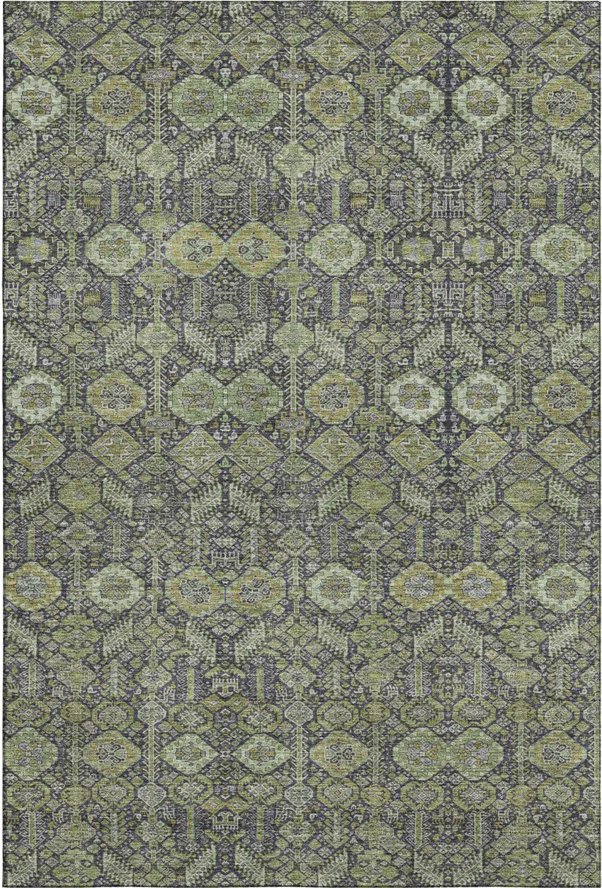 Green Gray And Ivory Tribal Washable Area Rug With UV Protection Photo 1