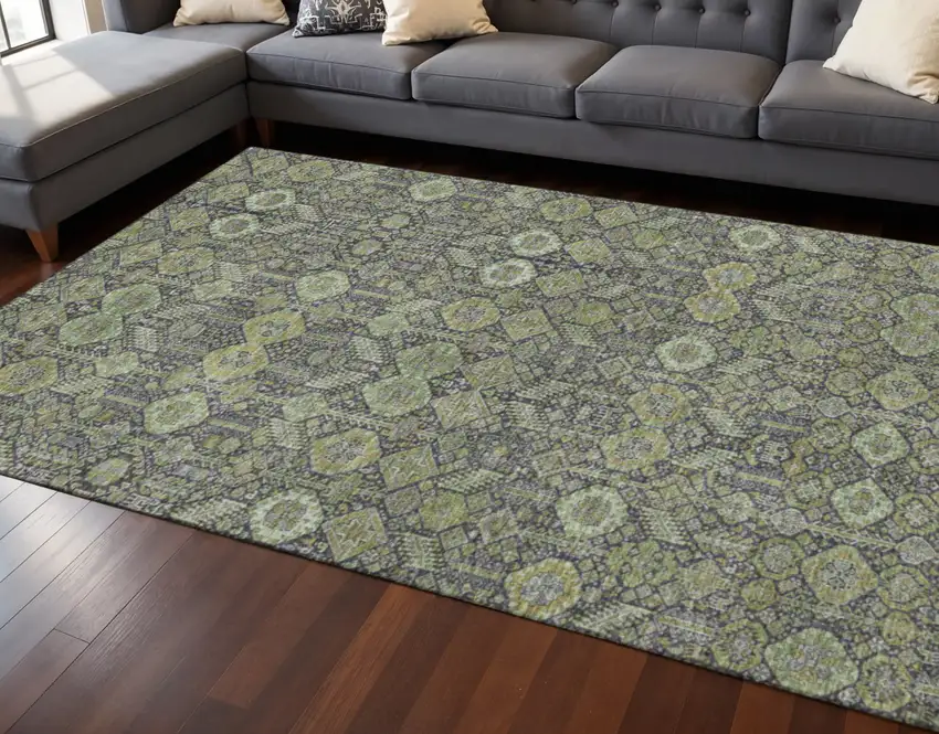 Green Gray And Ivory Tribal Washable Area Rug With UV Protection Photo 2