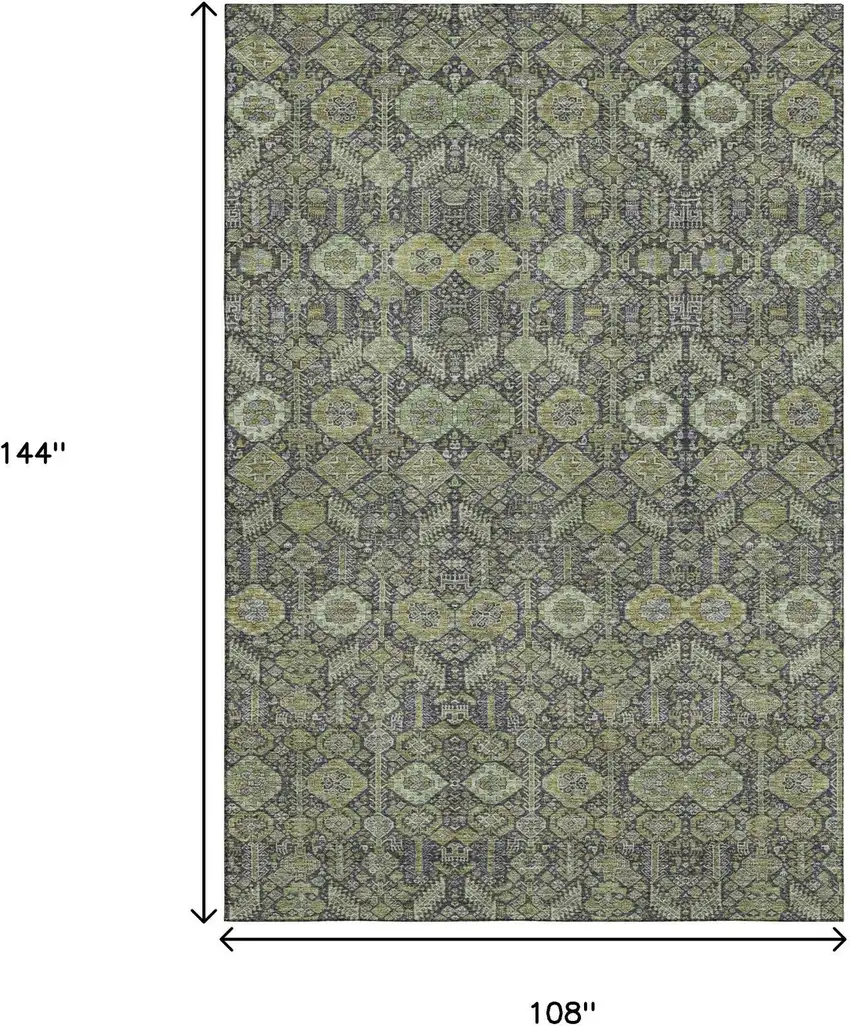 Green Gray And Ivory Tribal Washable Area Rug With UV Protection Photo 3
