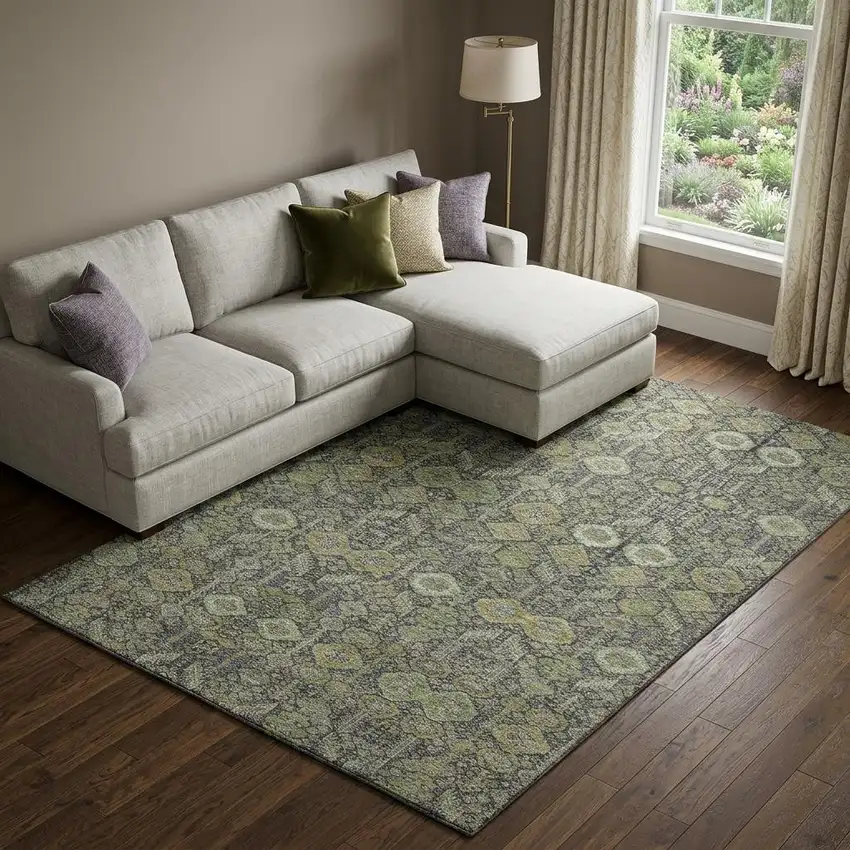 Green Gray And Ivory Tribal Washable Area Rug With UV Protection Photo 1