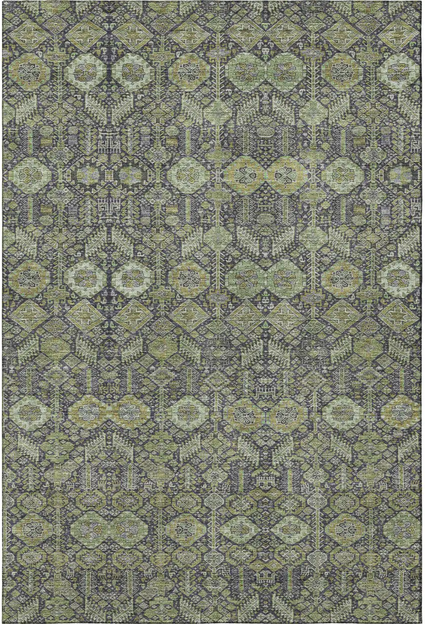 Green Gray And Ivory Tribal Washable Area Rug With UV Protection Photo 4