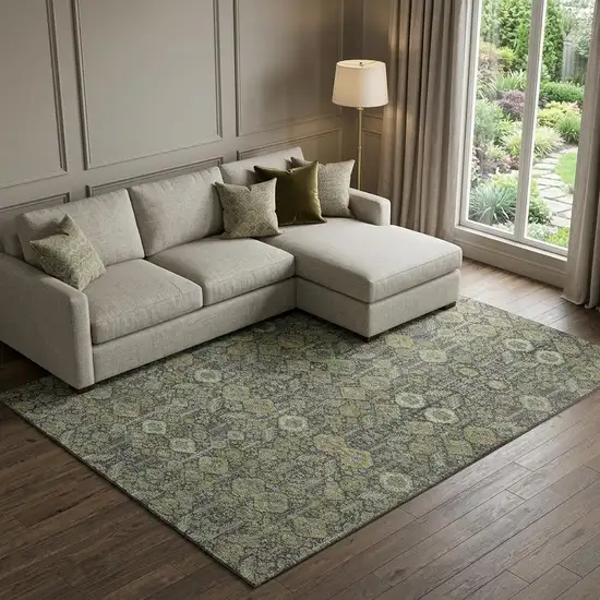 Green Gray And Ivory Tribal Washable Area Rug With UV Protection Photo 1