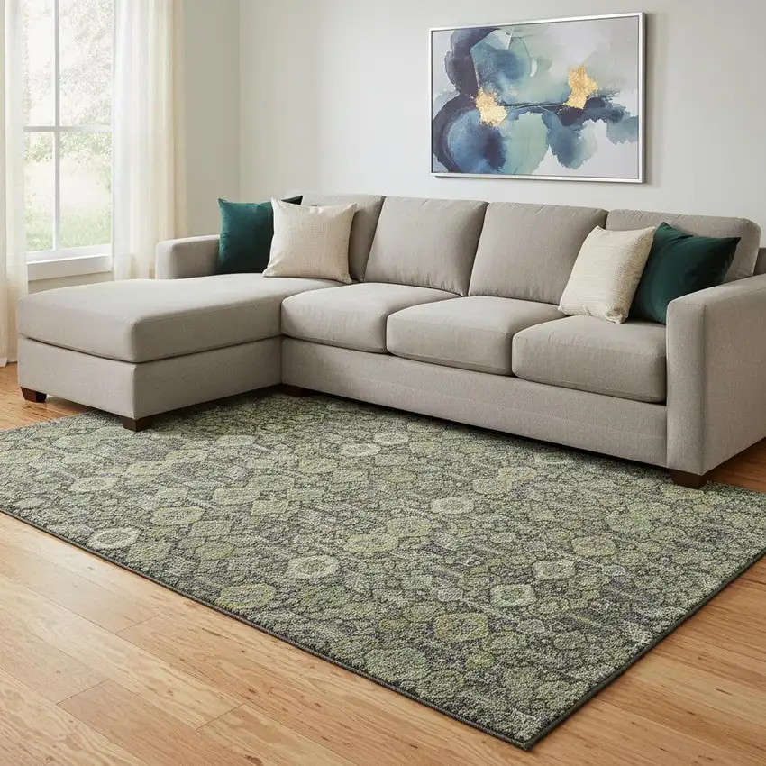 Green Gray And Ivory Tribal Washable Area Rug With UV Protection Photo 1