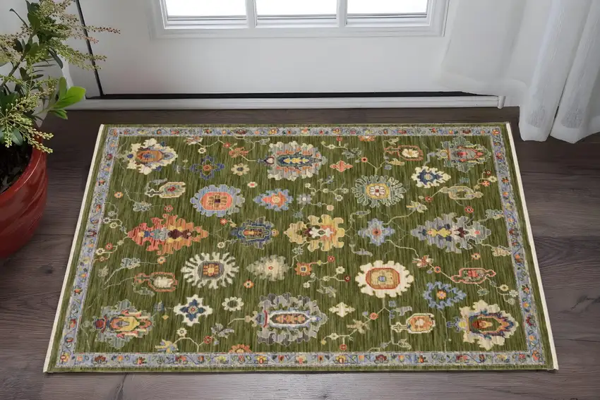 Green Gray And Light Blue Oriental Area Rug With Fringe Photo 1