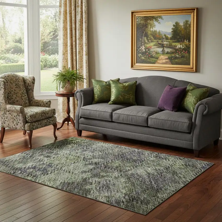 Green Gray And Purple Abstract Geometric Washable Area Rug With UV Protection Photo 2