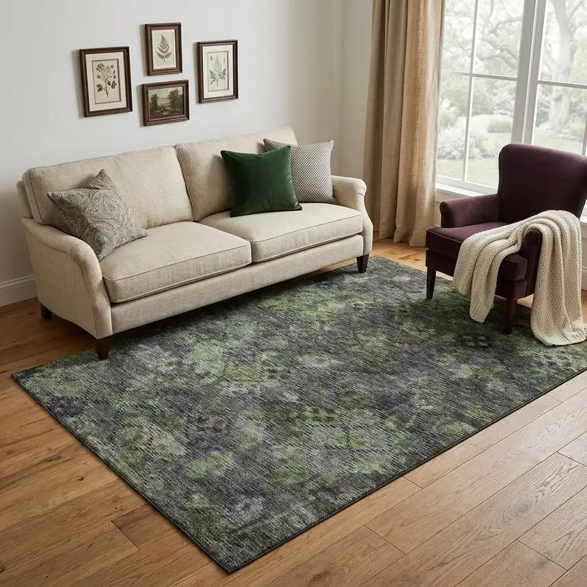 Green Gray And Purple Abstract Geometric Washable Area Rug With UV Protection Photo 1