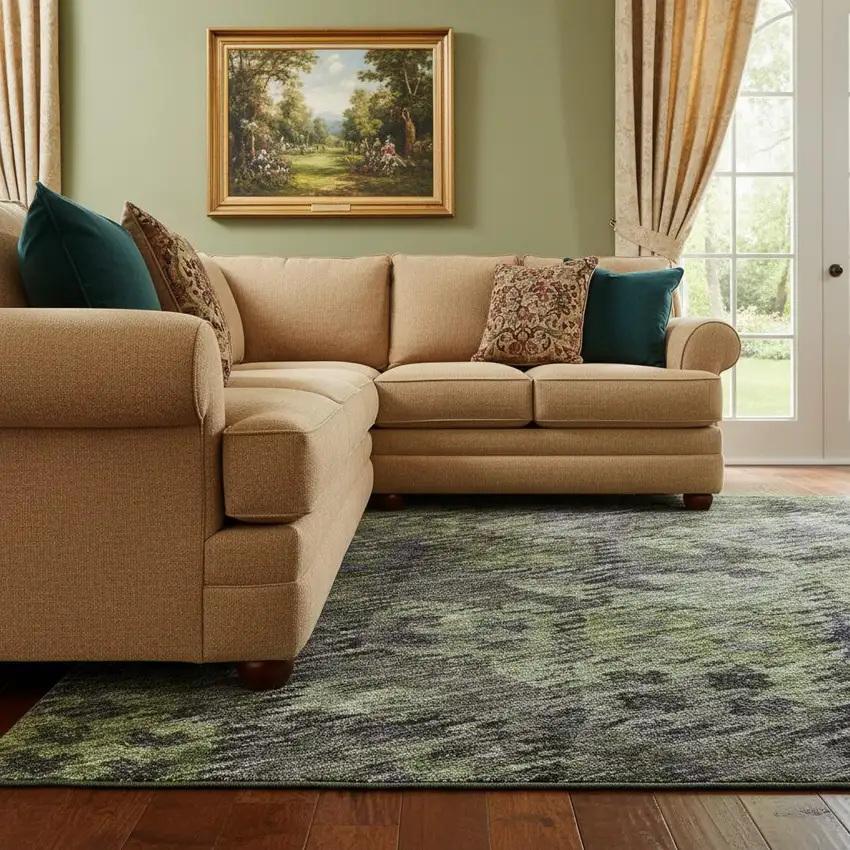 Green Gray And Purple Abstract Geometric Washable Area Rug With UV Protection Photo 1