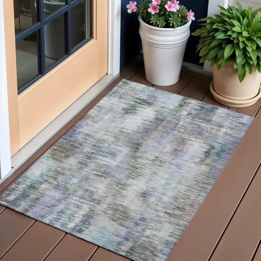 Green Gray And Purple Abstract Washable Indoor Outdoor Area Rug Photo 1
