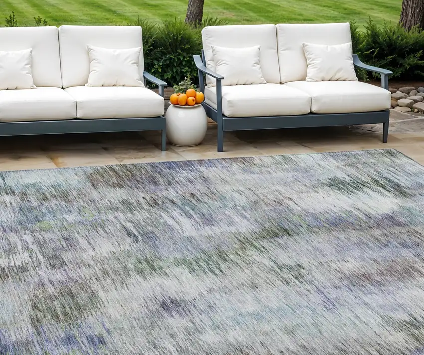 Green Gray And Purple Abstract Washable Indoor Outdoor Area Rug Photo 1
