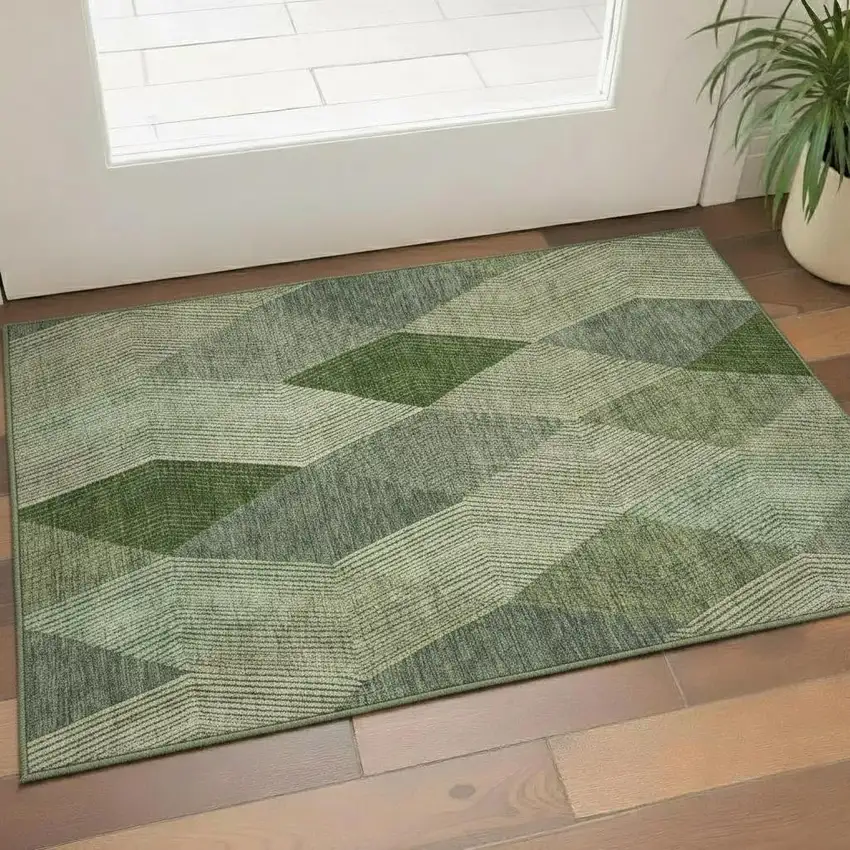 Green Gray And Sage Geometric Washable Area Rug With UV Protection Photo 2