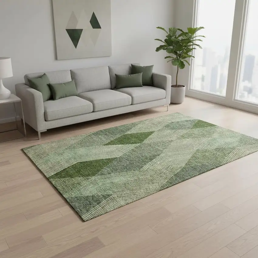 Green Gray And Sage Geometric Washable Area Rug With UV Protection Photo 2