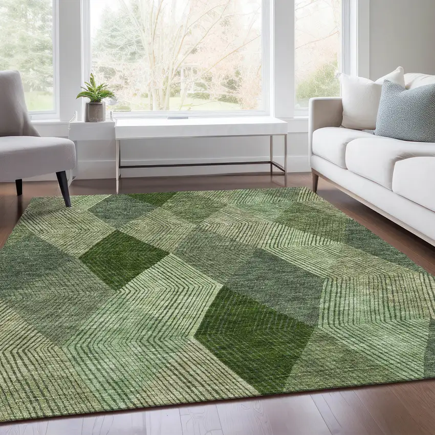 Green Gray And Sage Geometric Washable Area Rug With UV Protection Photo 3