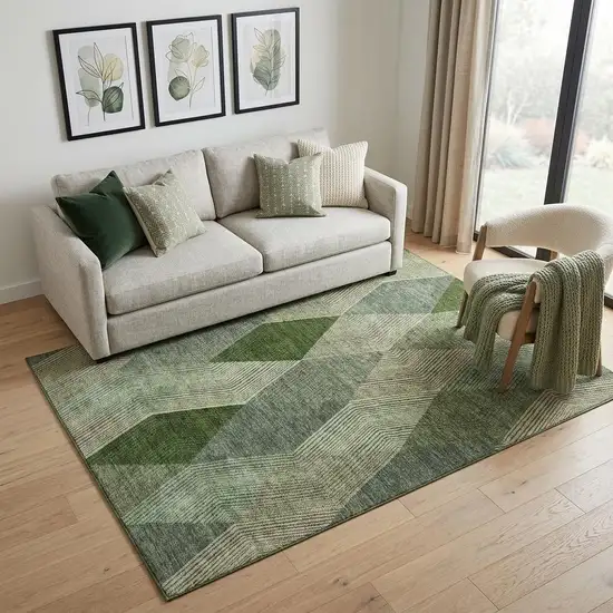 Green Gray And Sage Geometric Washable Area Rug With UV Protection Photo 1