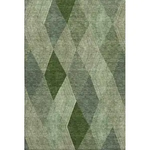 Photo of Green Gray And Sage Geometric Washable Area Rug With UV Protection