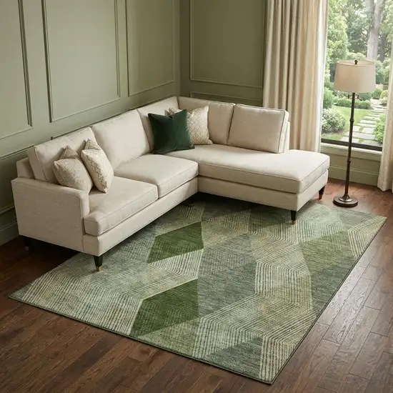 Green Gray And Sage Geometric Washable Area Rug With UV Protection Photo 1