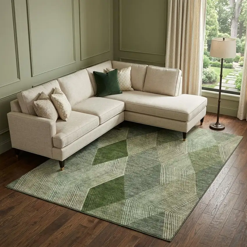 Green Gray And Sage Geometric Washable Area Rug With UV Protection Photo 1
