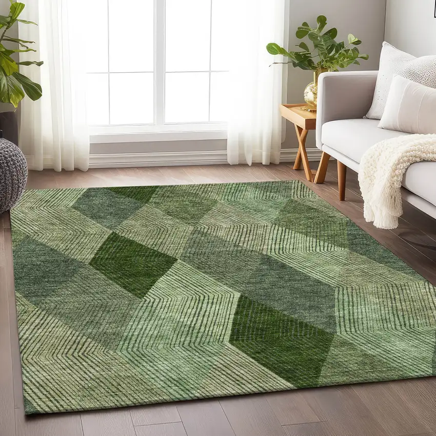 Green Gray And Sage Geometric Washable Area Rug With UV Protection Photo 2
