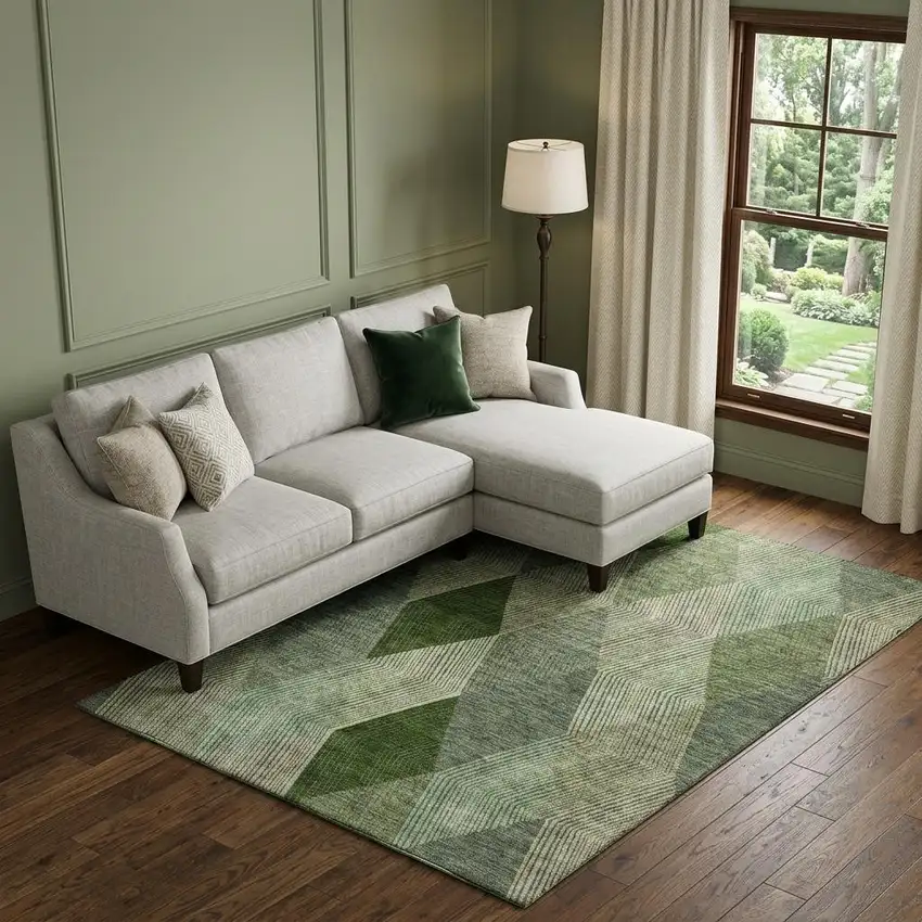Green Gray And Sage Geometric Washable Area Rug With UV Protection Photo 1