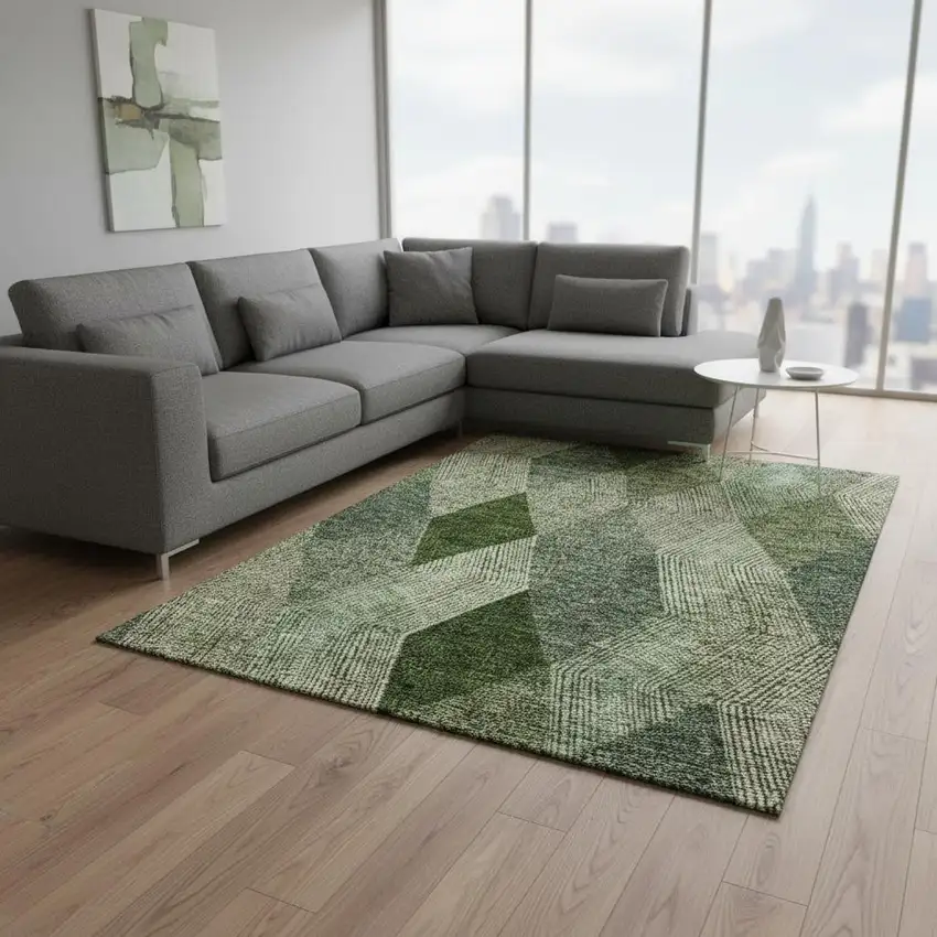 Green Gray And Sage Geometric Washable Area Rug With UV Protection Photo 2