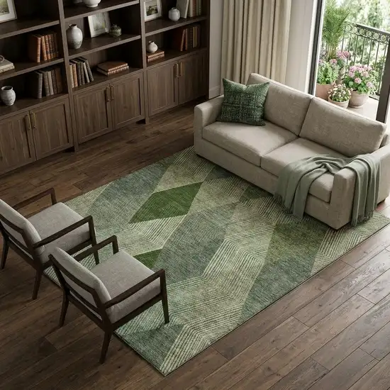 Green Gray And Sage Geometric Washable Area Rug With UV Protection Photo 1
