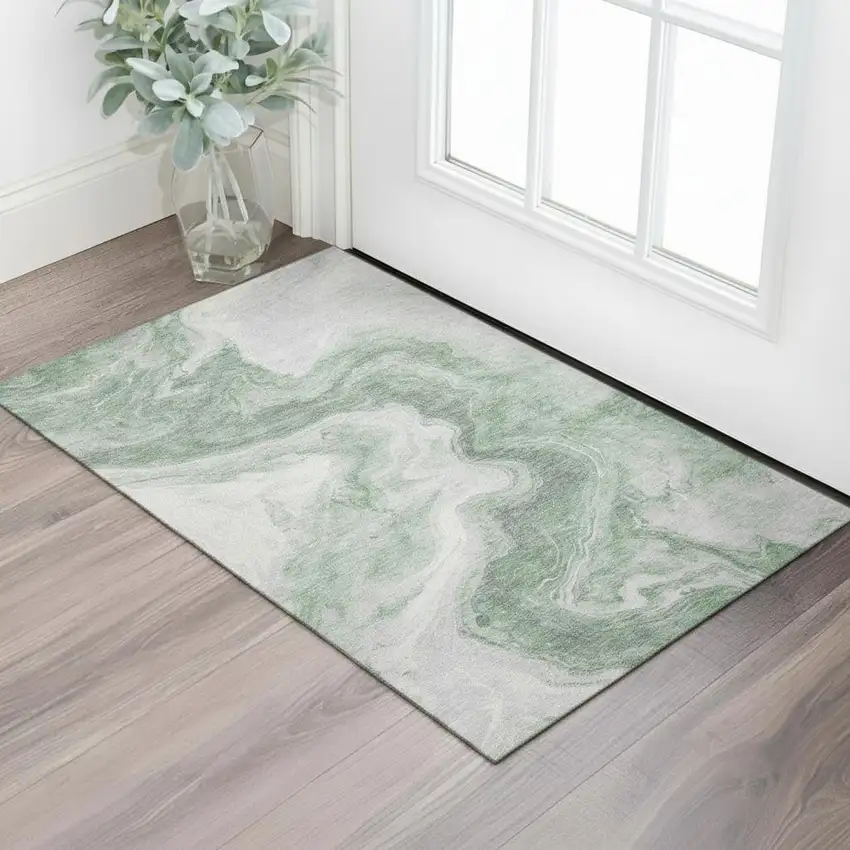 Green Gray And Silver Abstract Washable Area Rug With UV Protection Photo 2