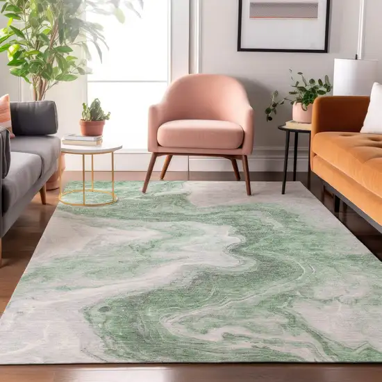 Green Gray And Silver Abstract Washable Area Rug With UV Protection Photo 5