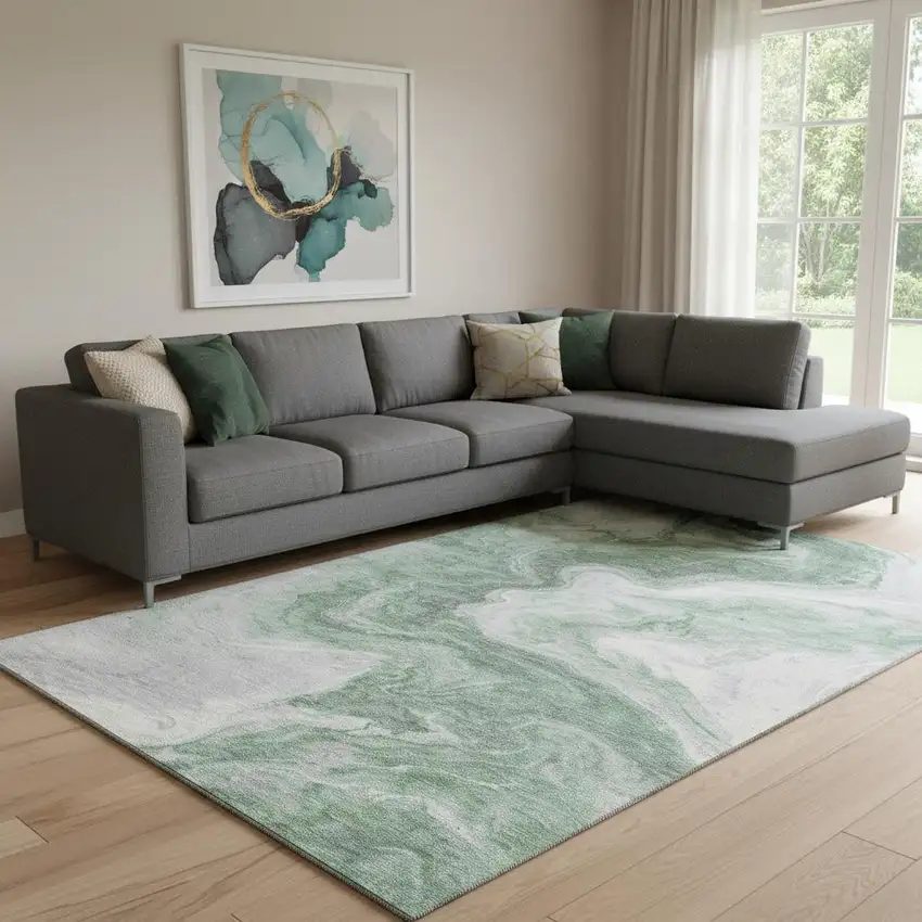 Green Gray And Silver Abstract Washable Area Rug With UV Protection Photo 2