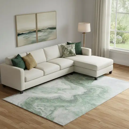 Green Gray And Silver Abstract Washable Area Rug With UV Protection Photo 2