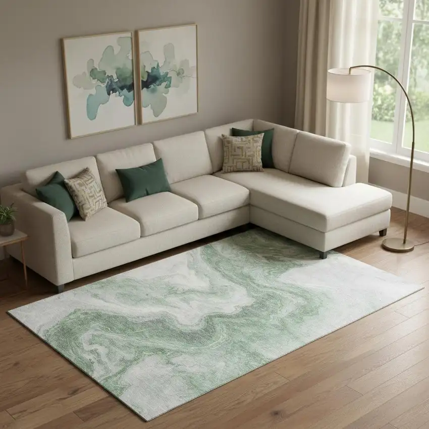 Green Gray And Silver Abstract Washable Area Rug With UV Protection Photo 2