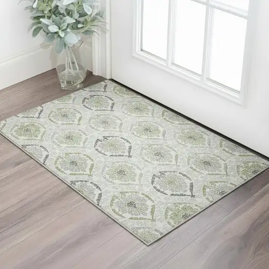 Green Gray And Silver Medallion Washable Area Rug With UV Protection Photo 2