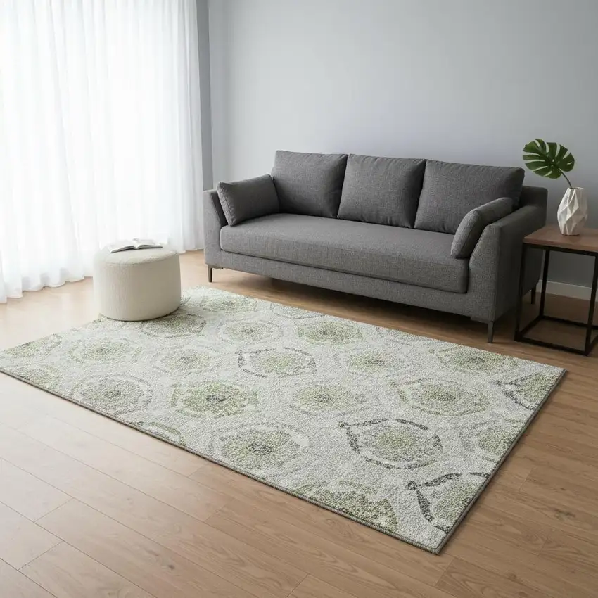 Green Gray And Silver Medallion Washable Area Rug With UV Protection Photo 2