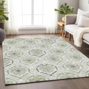 Photo of Green Gray And Silver Medallion Washable Area Rug With UV Protection