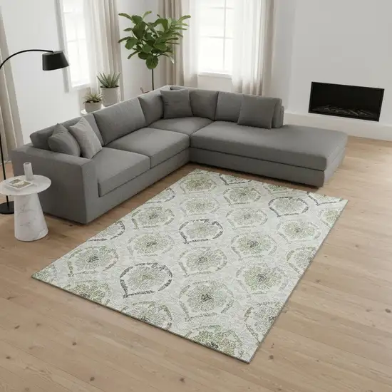 Green Gray And Silver Medallion Washable Area Rug With UV Protection Photo 2