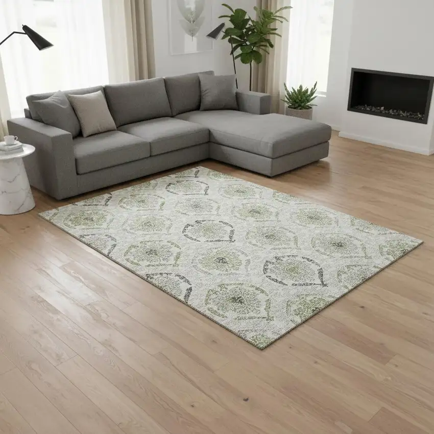 Green Gray And Silver Medallion Washable Area Rug With UV Protection Photo 2