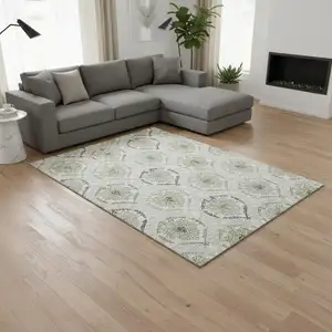 Photo of Green Gray And Silver Medallion Washable Area Rug With UV Protection