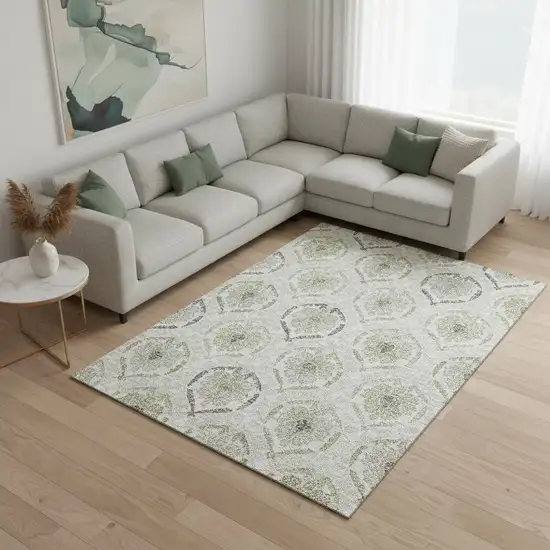 Green Gray And Silver Medallion Washable Area Rug With UV Protection Photo 2