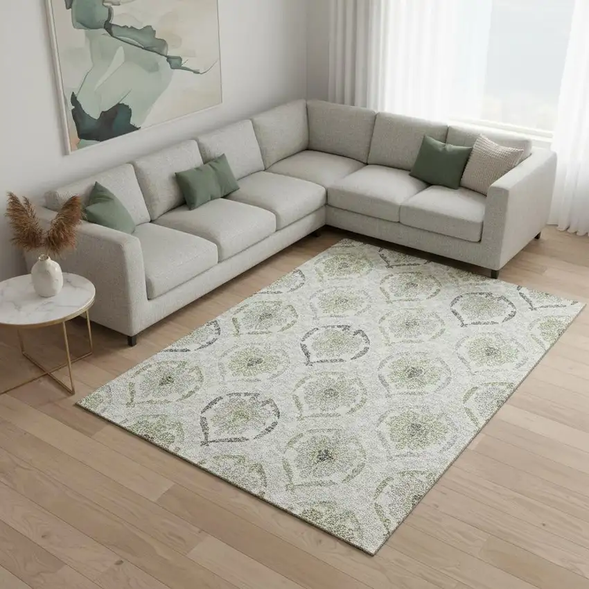 Green Gray And Silver Medallion Washable Area Rug With UV Protection Photo 2