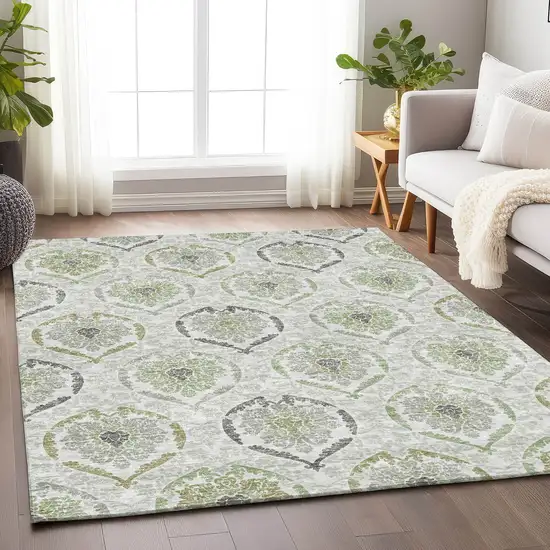 Green Gray And Silver Medallion Washable Area Rug With UV Protection Photo 5