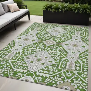 Photo of Green Gray And Taupe Floral Washable Indoor Outdoor Area Rug