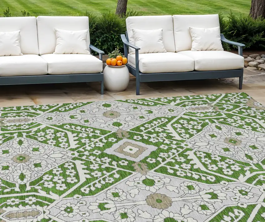 Green Gray And Taupe Floral Washable Indoor Outdoor Area Rug Photo 1