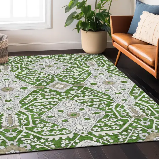Green Gray And Taupe Floral Washable Indoor Outdoor Area Rug Photo 9
