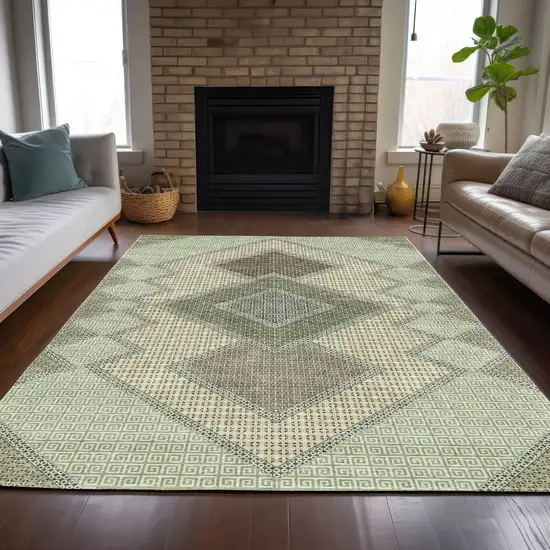 Green Gray And Taupe Geometric Washable Indoor Outdoor Area Rug Photo 8