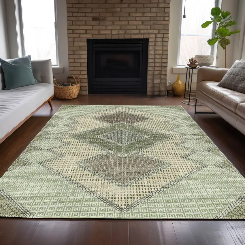 Green Gray And Taupe Geometric Washable Indoor Outdoor Area Rug Photo 8