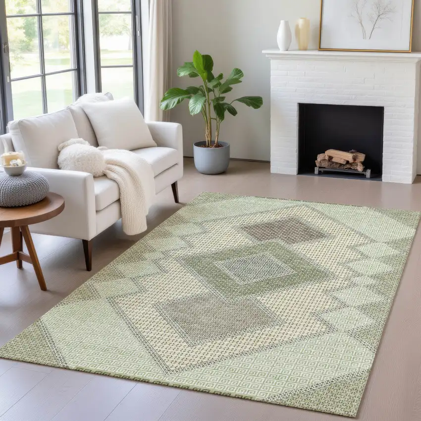 Green Gray And Taupe Geometric Washable Indoor Outdoor Area Rug Photo 7