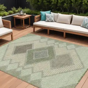 Photo of Green Gray And Taupe Geometric Washable Indoor Outdoor Area Rug