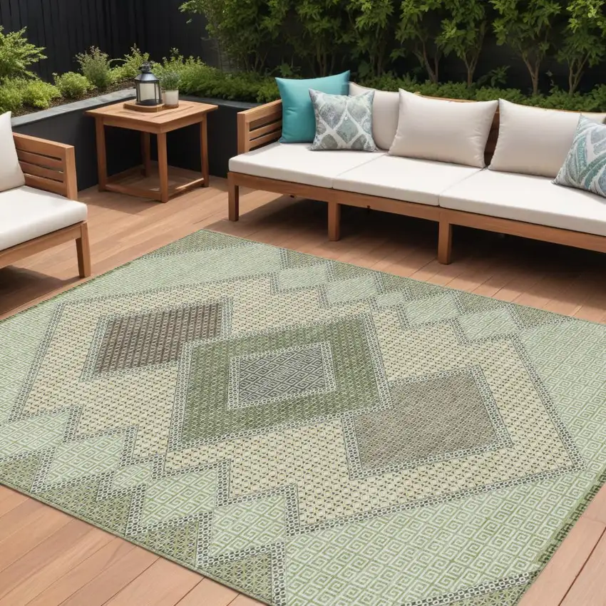 Green Gray And Taupe Geometric Washable Indoor Outdoor Area Rug Photo 1