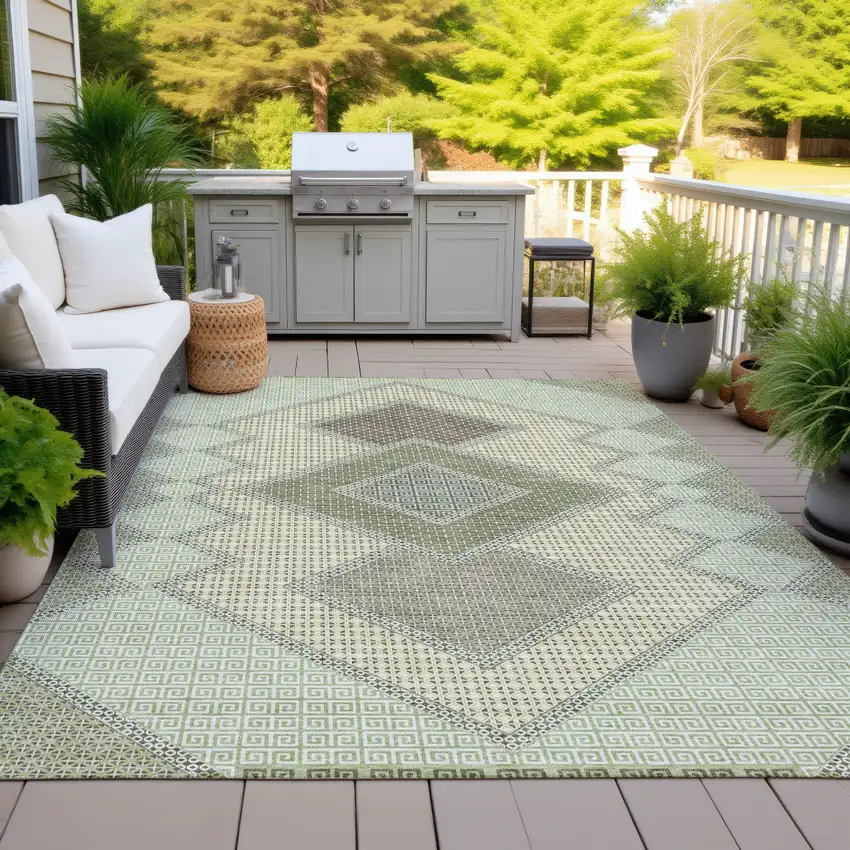 Green Gray And Taupe Geometric Washable Indoor Outdoor Area Rug Photo 6