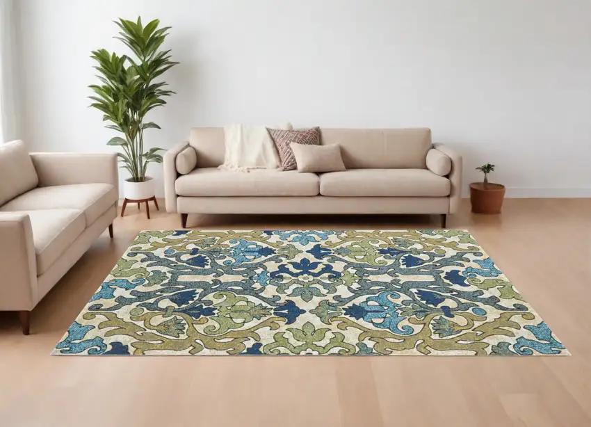 Green Gray and Tan Floral Power Loom Area Rug Photo 1